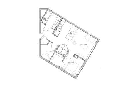 Floor plan for 1 bed, 1 bath, 722 sqft